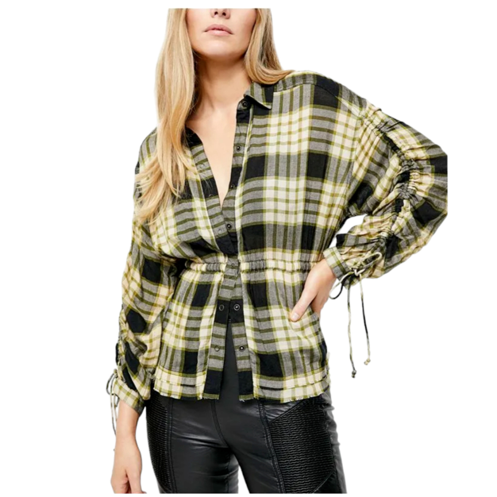 We The Free Green Plaid Pacific Dawn Cinch Waist Top Size Medium